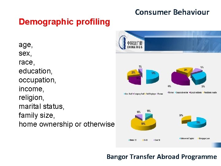 Demographic profiling Consumer Behaviour age, sex, race, education, occupation, income, religion, marital status, family