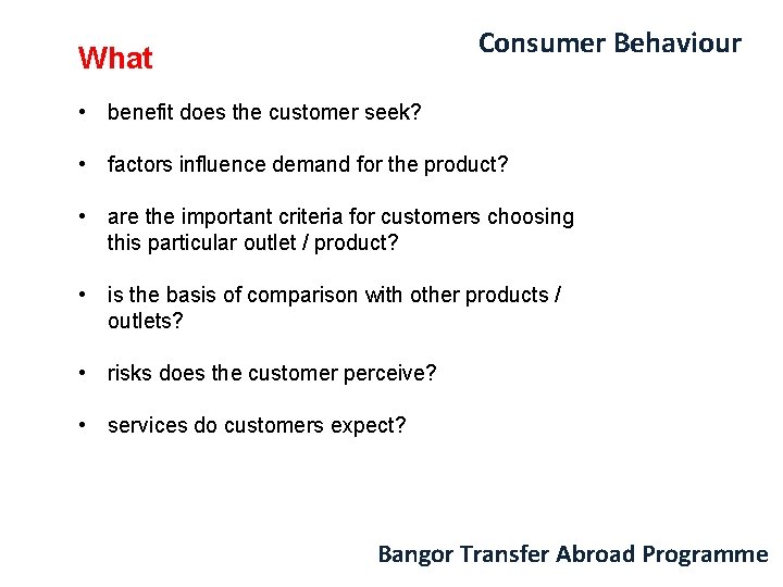 Consumer Behaviour What • benefit does the customer seek? • factors influence demand for