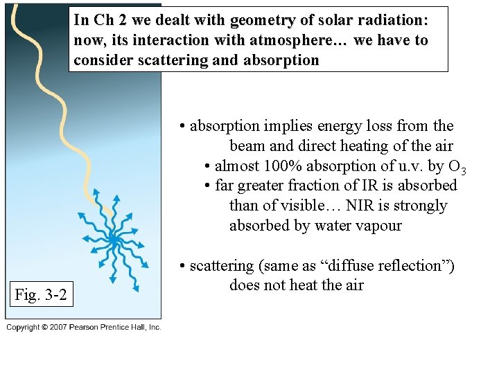 In Ch 2 we dealt with geometry of solar radiation: now, its interaction with