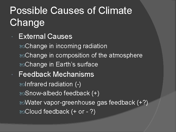 Possible Causes of Climate Change External Causes Change in incoming radiation Change in composition