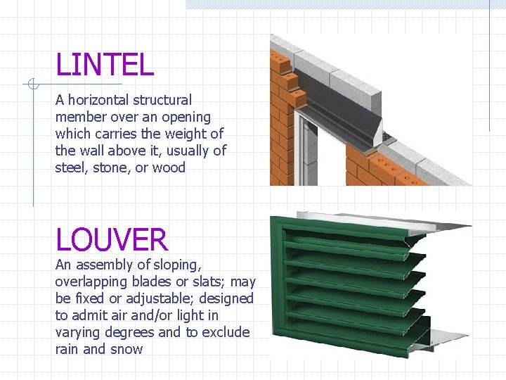 LINTEL A horizontal structural member over an opening which carries the weight of the