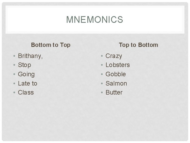 MNEMONICS Bottom to Top • • • Brithany, Stop Going Late to Class Top