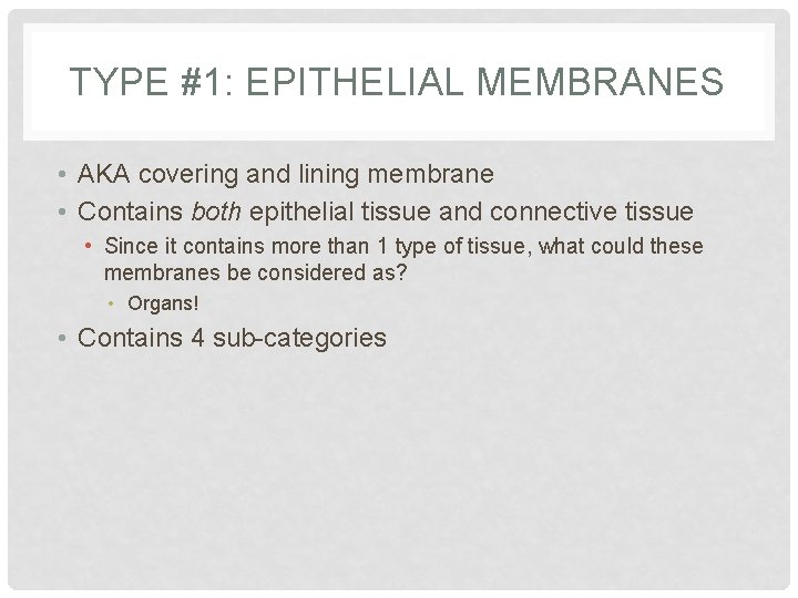 TYPE #1: EPITHELIAL MEMBRANES • AKA covering and lining membrane • Contains both epithelial