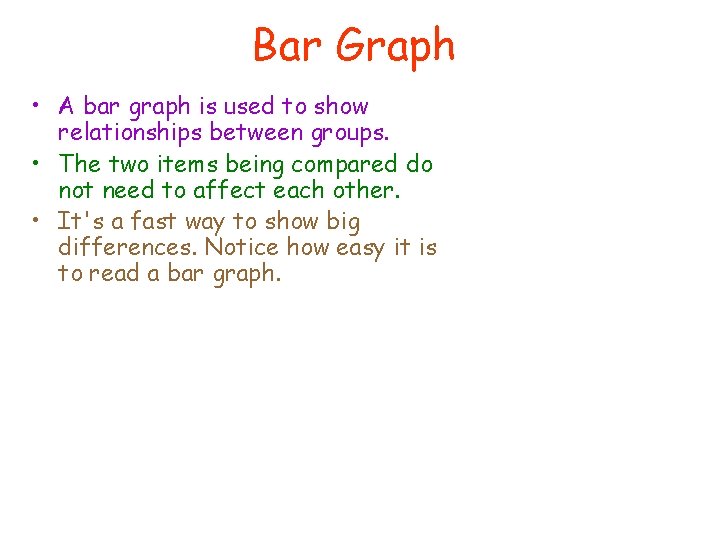 Bar Graph • A bar graph is used to show relationships between groups. •