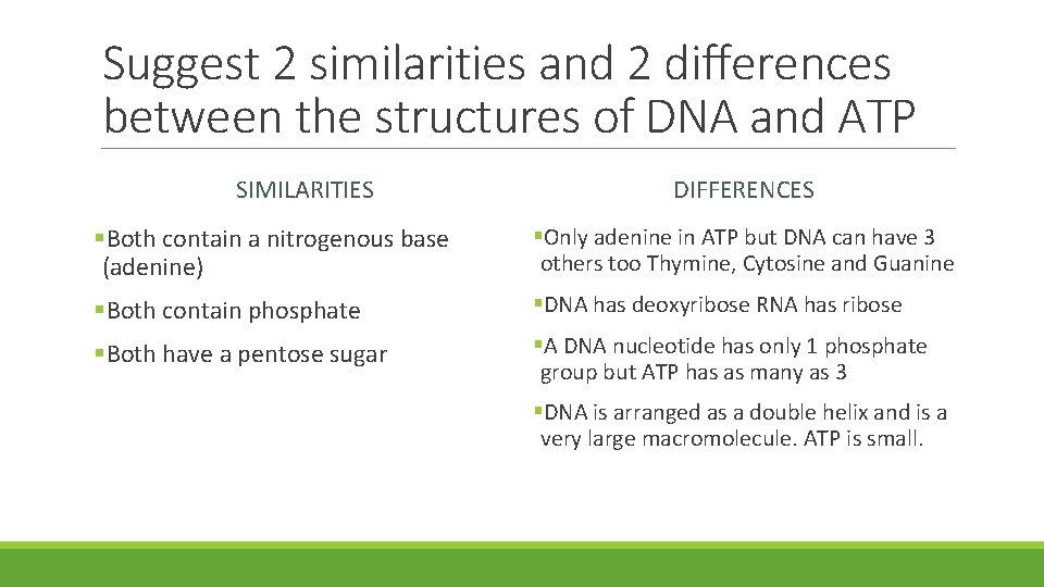 Suggest 2 similarities and 2 differences between the structures of DNA and ATP SIMILARITIES Suggest 2 similarities and 2 differences between the structures of DNA and ATP SIMILARITIES