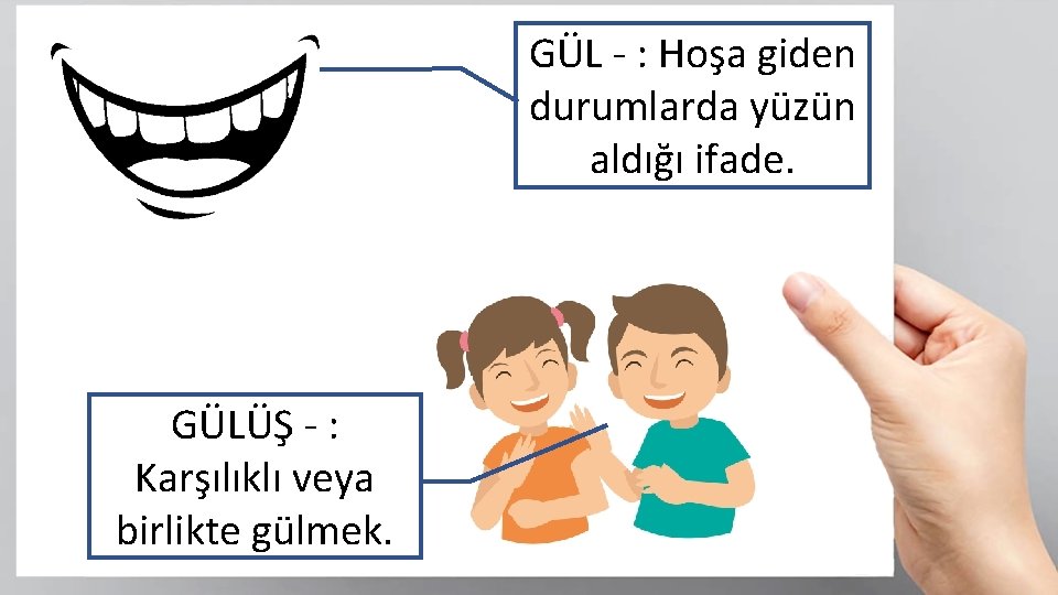 GÜL - : Hoşa giden durumlarda yüzün aldığı ifade. GÜLÜŞ - : Karşılıklı veya