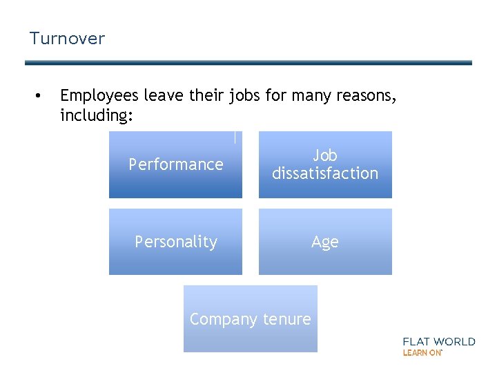 Turnover • Employees leave their jobs for many reasons, including: Performance Job dissatisfaction Personality