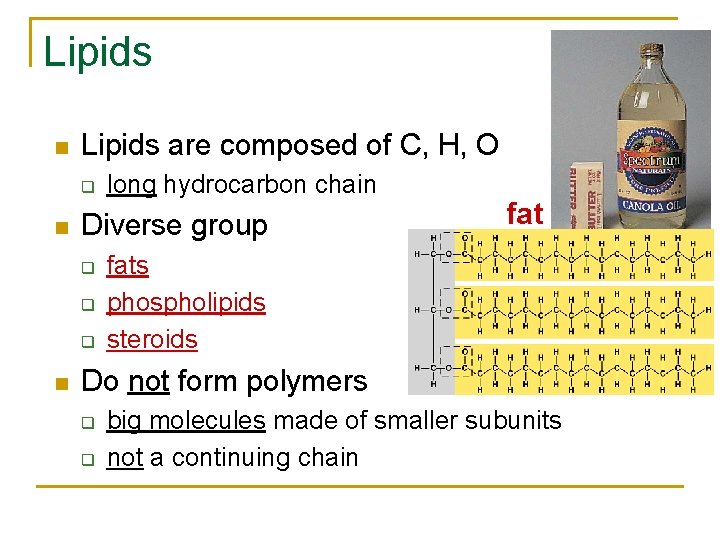 Lipids n Lipids are composed of C, H, O q n Diverse group q