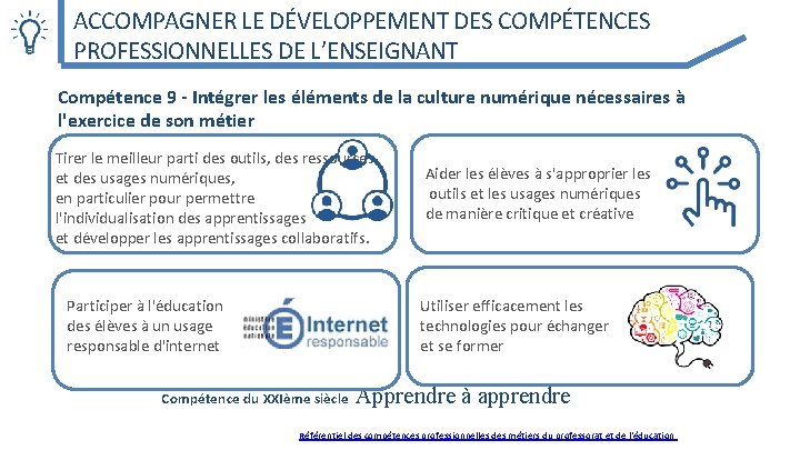 ACCOMPAGNER LE DÉVELOPPEMENT DES COMPÉTENCES PROFESSIONNELLES DE L’ENSEIGNANT Compétence 9 - Intégrer les éléments