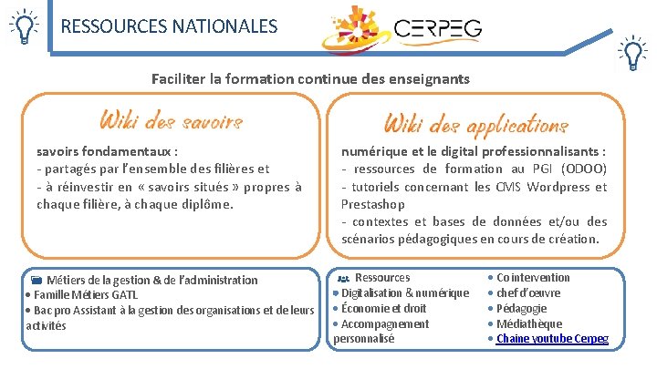 RESSOURCES NATIONALES Faciliter la formation continue des enseignants savoirs fondamentaux : - partagés par