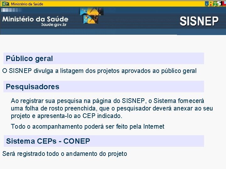 Público geral O SISNEP divulga a listagem dos projetos aprovados ao público geral Pesquisadores