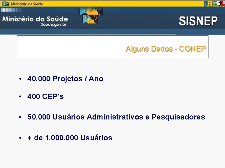 Alguns Dados - CONEP • 40. 000 Projetos / Ano • 400 CEP’s •