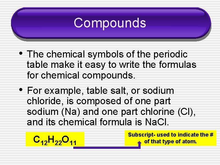 Compounds • The chemical symbols of the periodic table make it easy to write