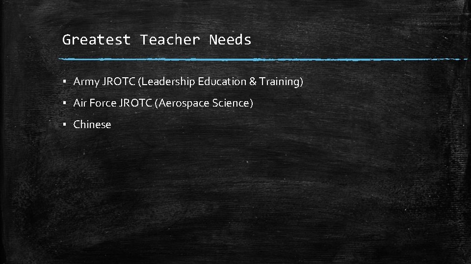 Greatest Teacher Needs ▪ Army JROTC (Leadership Education & Training) ▪ Air Force JROTC