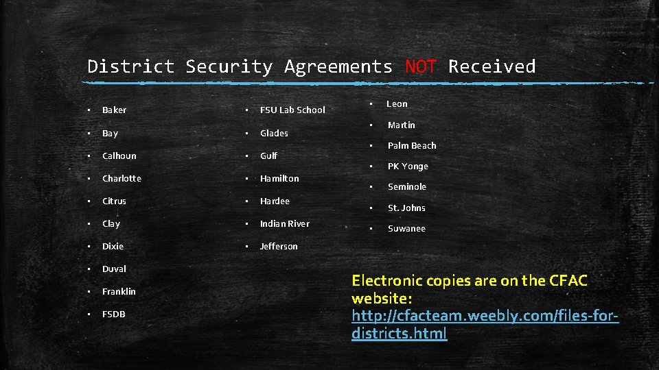 District Security Agreements NOT Received ▪ Baker ▪ FSU Lab School ▪ Bay ▪