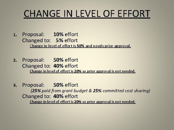 CHANGE IN LEVEL OF EFFORT 1. Proposal: 10% effort Changed to: 5% effort Change