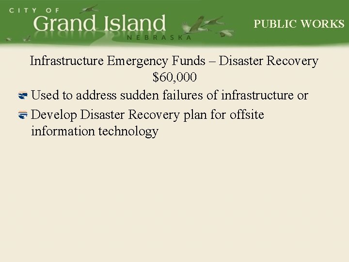 PUBLIC WORKS Infrastructure Emergency Funds – Disaster Recovery $60, 000 Used to address sudden
