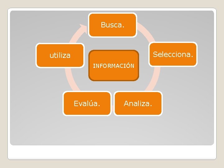 Busca. Selecciona. utiliza INFORMACIÓN Evalúa. Analiza. 