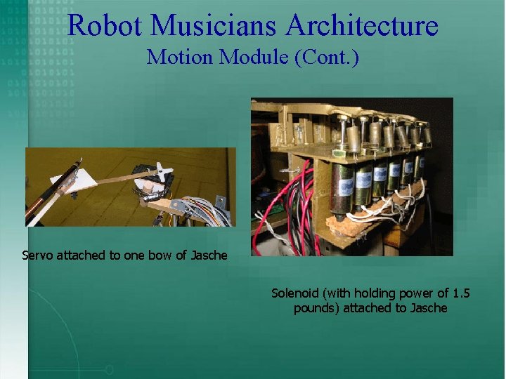 Robot Musicians Architecture Motion Module (Cont. ) Servo attached to one bow of Jasche