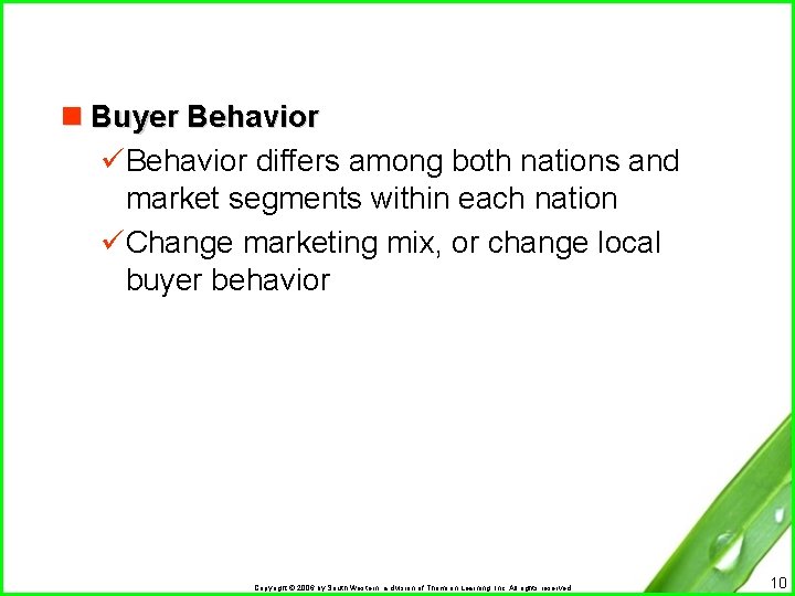 n Buyer Behavior üBehavior differs among both nations and market segments within each nation