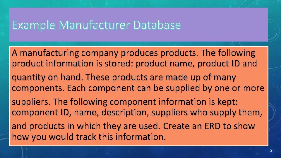 Example Manufacturer Database A manufacturing company produces products. The following product information is stored: