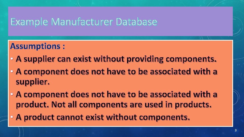 Example Manufacturer Database Assumptions : • A supplier can exist without providing components. •