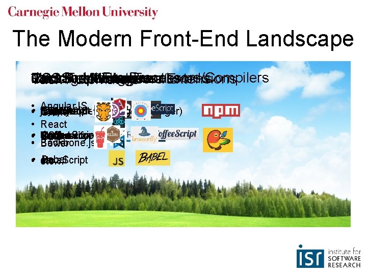 The Modern Front-End Landscape Pre-Processors/Compilers Package Module Management Managers Test Frameworks Core Java. Script