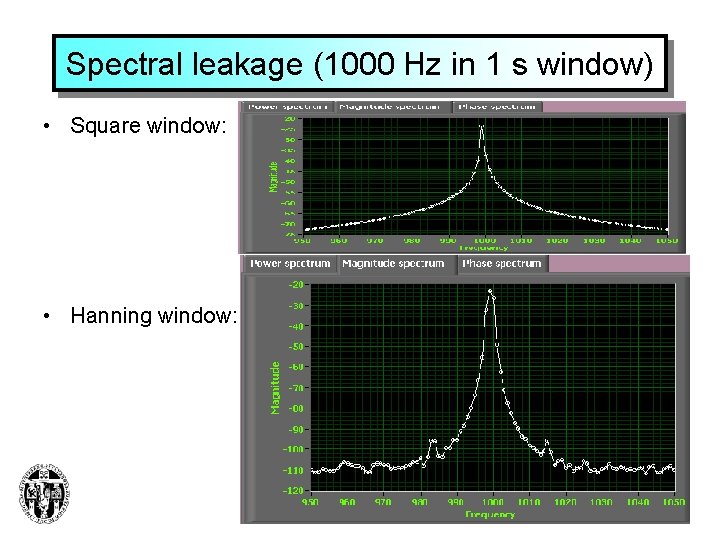 Spectral leakage (1000 Hz in 1 s window) • Square window: • Hanning window: