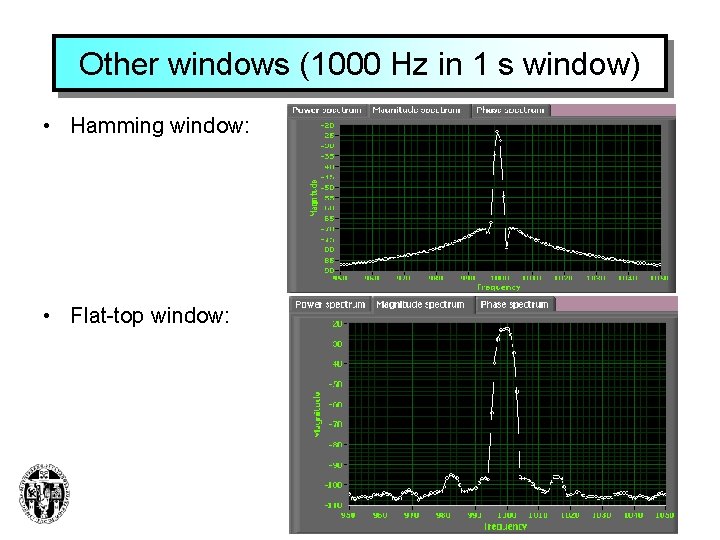 Other windows (1000 Hz in 1 s window) • Hamming window: • Flat-top window: