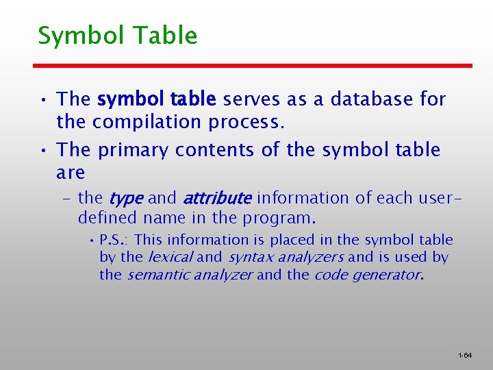 Symbol Table • The symbol table serves as a database for the compilation process.