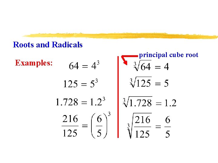 Roots and Radicals Examples: principal cube root 