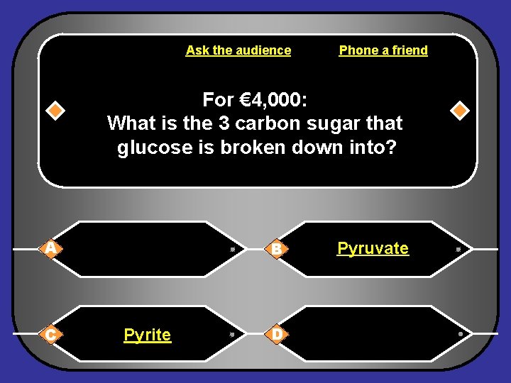 Ask the audience Phone a friend For € 4, 000: What is the 3
