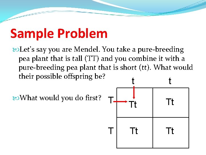 Sample Problem Let’s say you are Mendel. You take a pure-breeding pea plant that