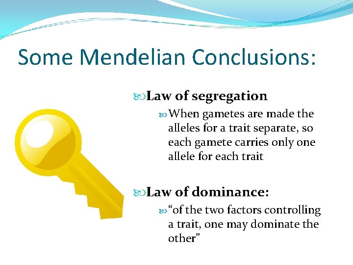Some Mendelian Conclusions: Law of segregation When gametes are made the alleles for a