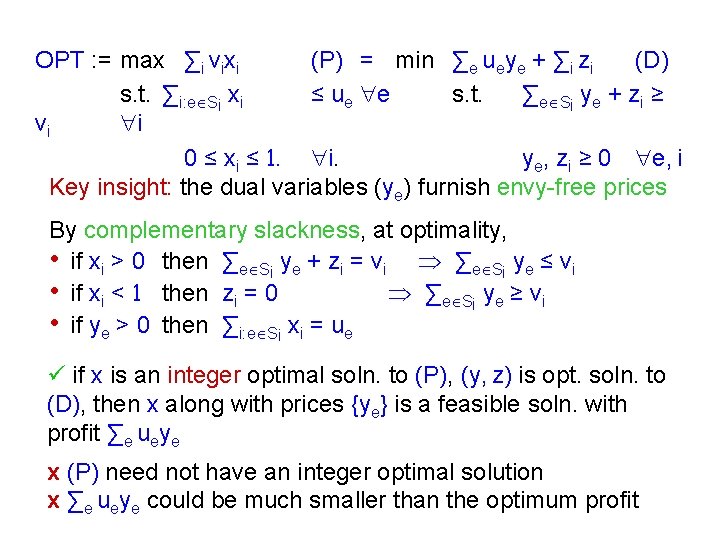 OPT : = max ∑i vixi (P) = min ∑e ueye + ∑i zi