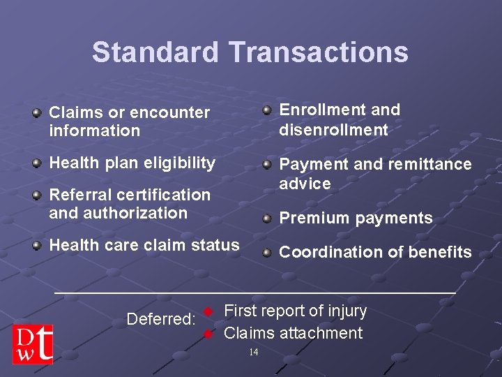 Standard Transactions Claims or encounter information Enrollment and disenrollment Health plan eligibility Payment and