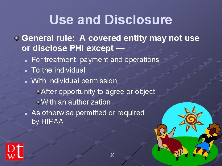 Use and Disclosure General rule: A covered entity may not use or disclose PHI