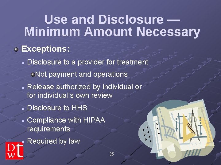 Use and Disclosure — Minimum Amount Necessary Exceptions: n Disclosure to a provider for