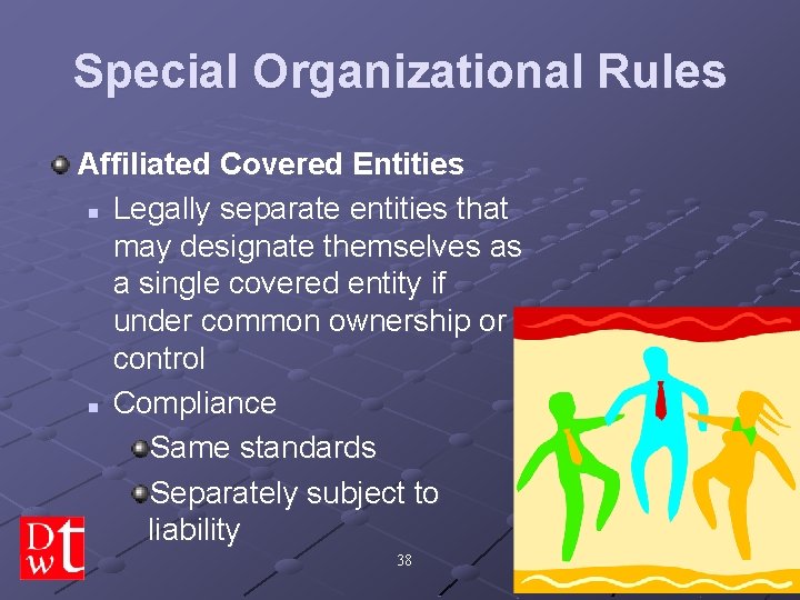 Special Organizational Rules Affiliated Covered Entities n Legally separate entities that may designate themselves