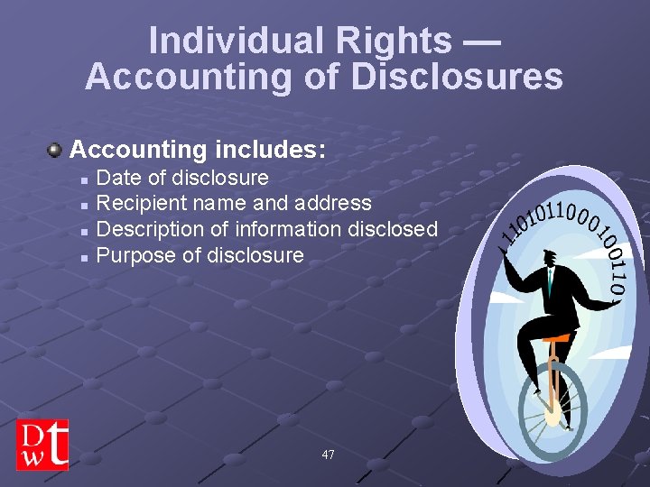 Individual Rights — Accounting of Disclosures Accounting includes: n n Date of disclosure Recipient