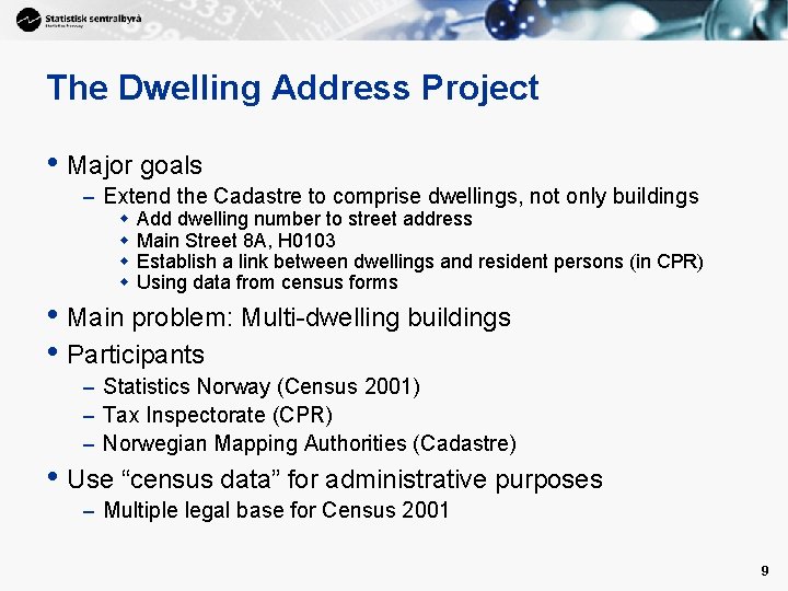 The Dwelling Address Project • Major goals – Extend the Cadastre to comprise dwellings,