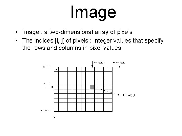 Image • Image : a two-dimensional array of pixels • The indices [i, j]