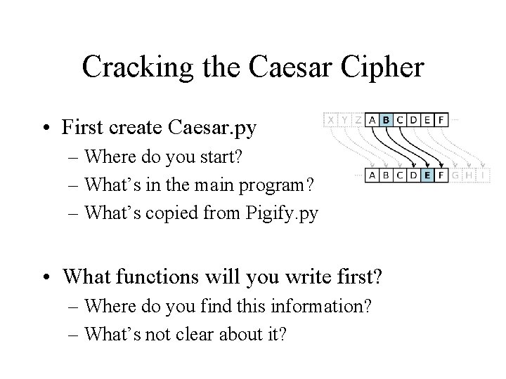 Cracking the Caesar Cipher • First create Caesar. py – Where do you start?