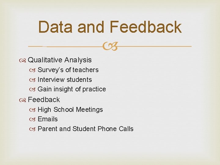 Data and Feedback Qualitative Analysis Survey’s of teachers Interview students Gain insight of practice