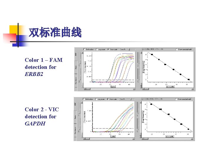 双标准曲线 Color 1 – FAM detection for ERBB 2 Color 2 - VIC detection