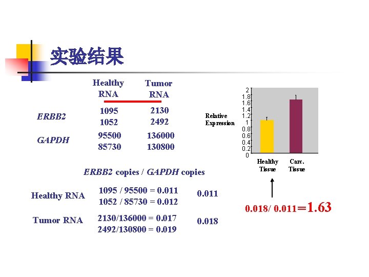 实验结果 ERBB 2 GAPDH Healthy RNA Tumor RNA 1095 1052 95500 85730 2130 2492