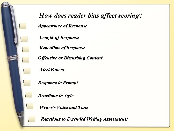 How does reader bias affect scoring? Appearance of Response Length of Response Repetition of