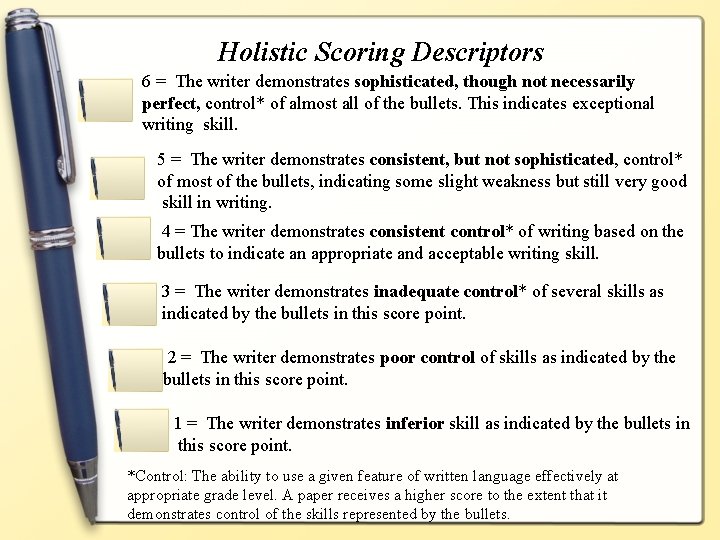 Holistic Scoring Descriptors 6 = The writer demonstrates sophisticated, though not necessarily perfect, control*