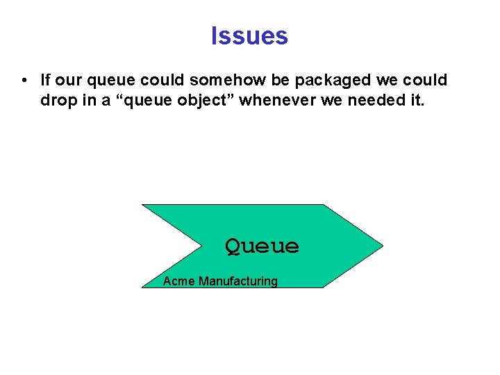 Issues • If our queue could somehow be packaged we could drop in a