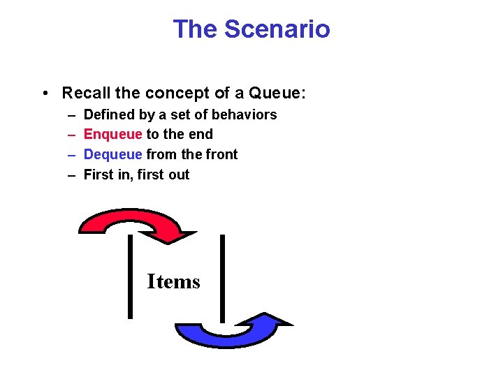 The Scenario • Recall the concept of a Queue: – – Defined by a